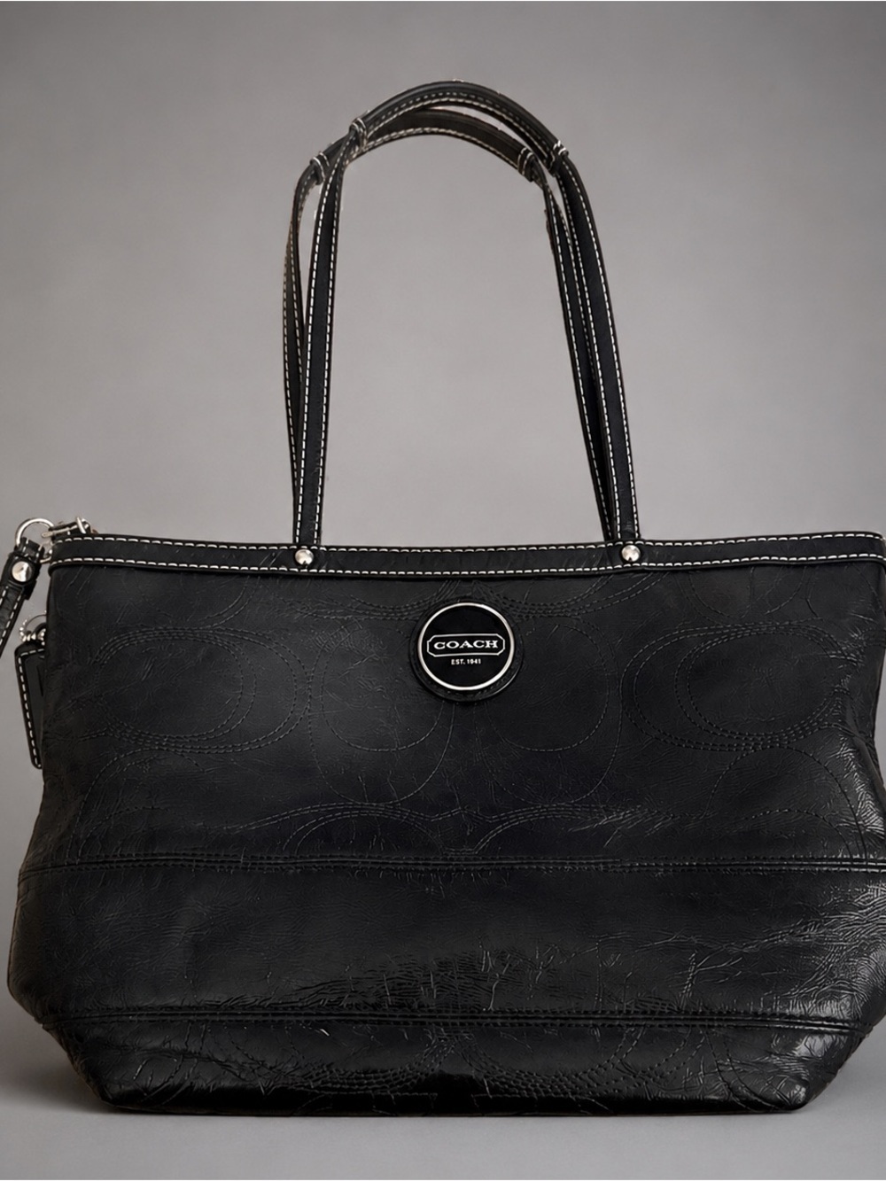 Coach East West Gallery Embossed Patent Leather Medium Tote Black Bag Authentic